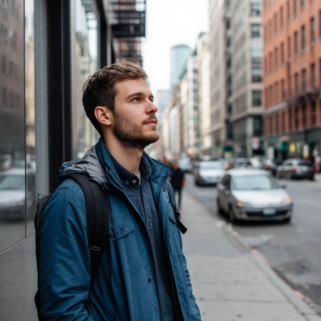 Mindful person in urban setting
