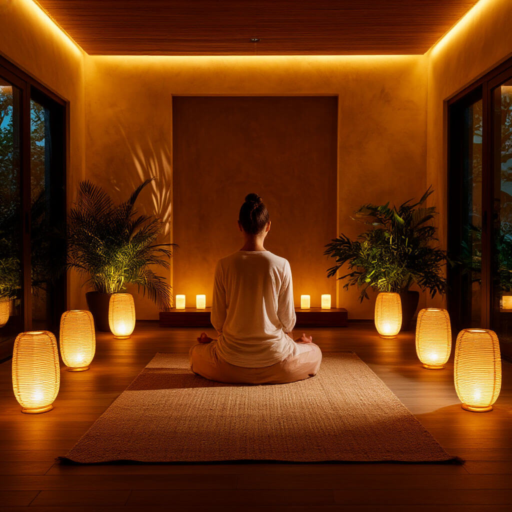 Peaceful meditation space with soft lighting