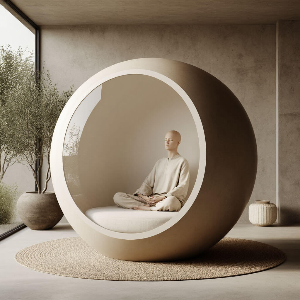 Minimalist meditation capsule with clean lines