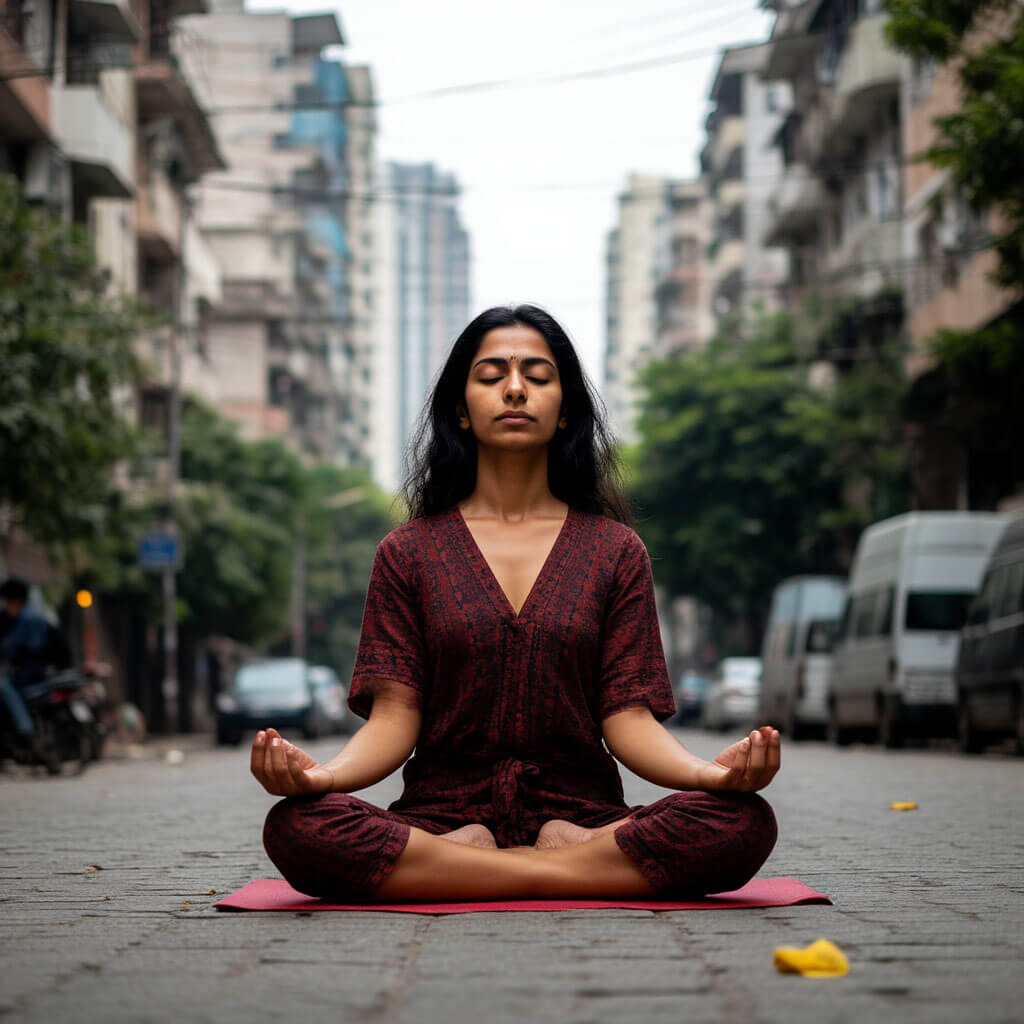 Ananya meditating in noisy urban environment